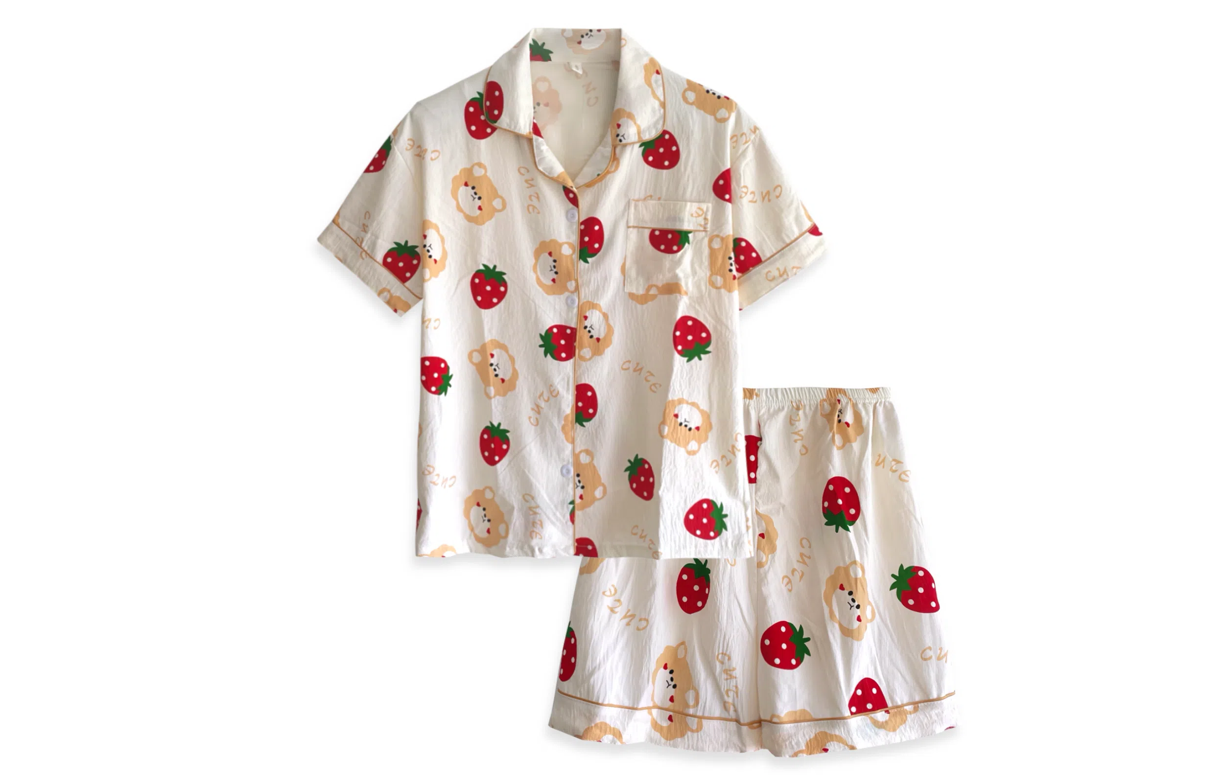 夏芬妍 卡通满印草莓小熊翻领云朵棉短袖短裤家居服可爱舒适休闲简约可外穿睡衣套装 女款 杏色