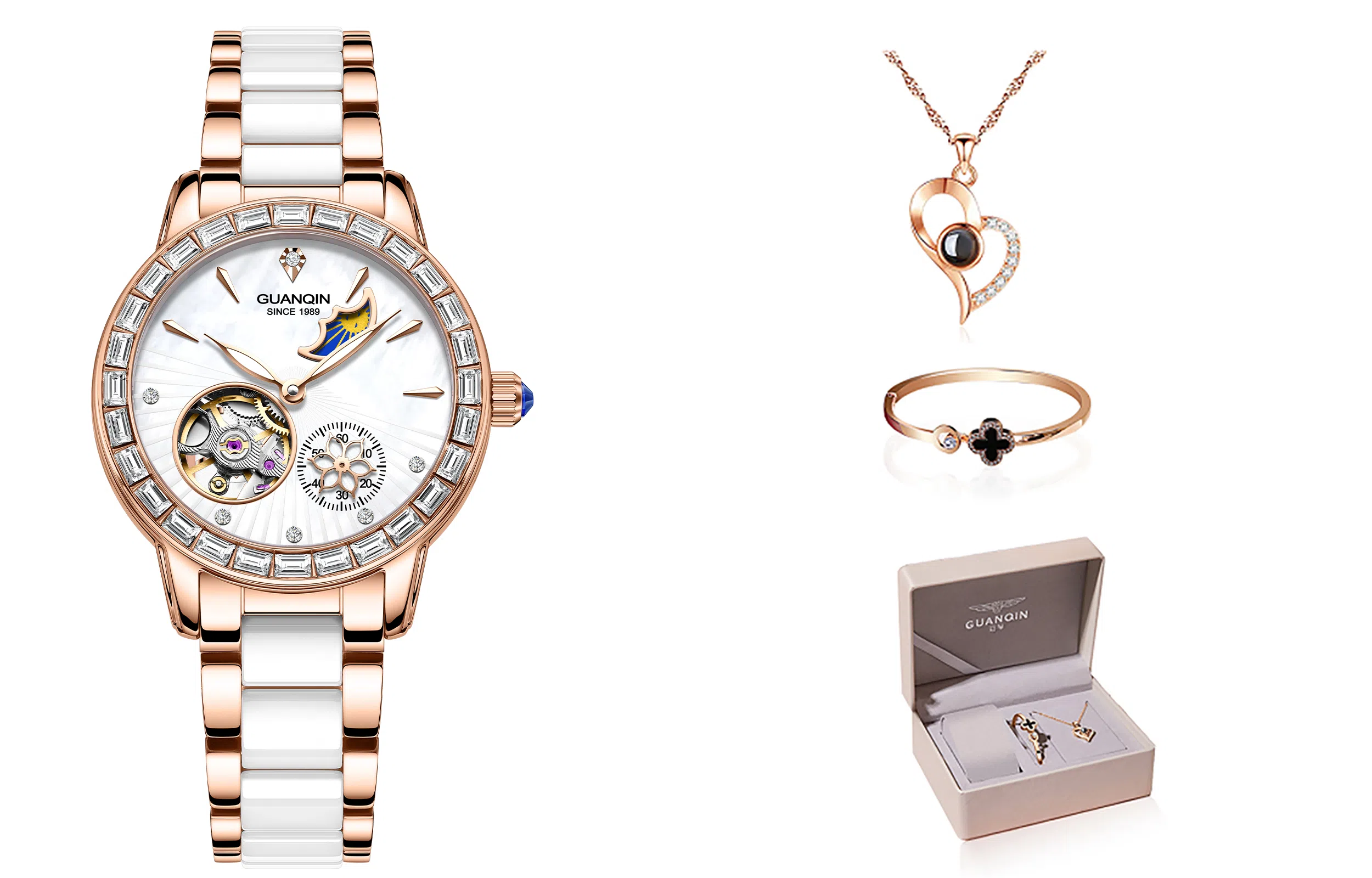 冠琴 绮梦星河系列 高颜值时尚潮流镶钻女士手表 自动机械机芯 牛皮表带 国表 女表 白色表盘 镂空飞轮夜光防水腕表