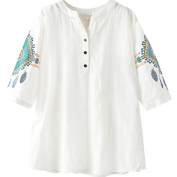 丝柏舍 镂空半开领撞色民族风图案宽松套头五分袖衬衫 女款 白色