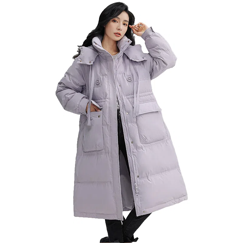 鸭鸭 纯色连帽加厚中长款通勤收腰韩系修身羽绒服 女款