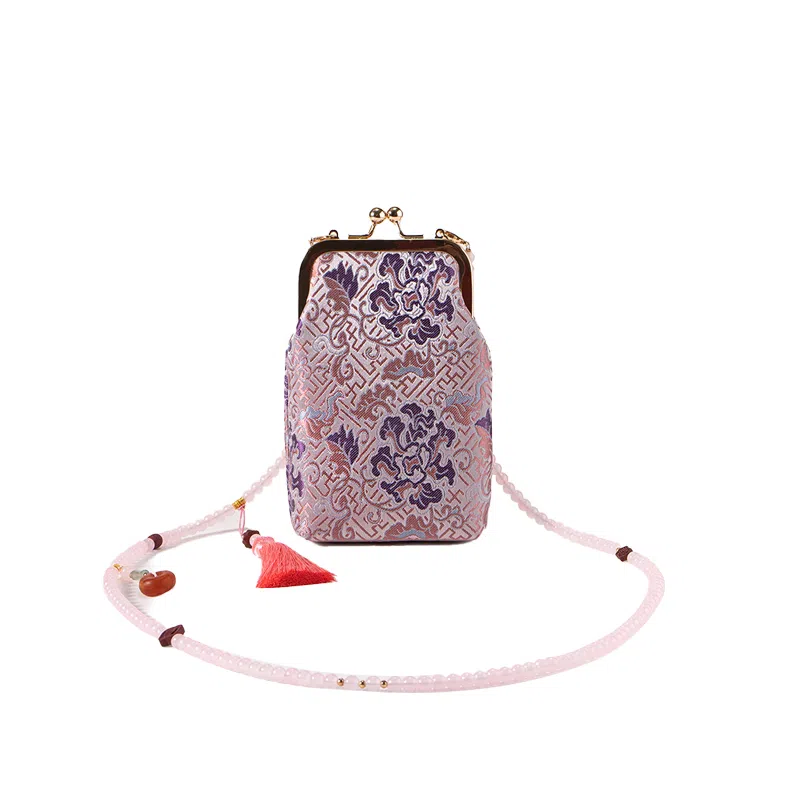 上海故事 宋锦新中式国风搭配旗袍口金复古 桑蚕丝 手机包 小号 女款 桃粉色 天空蓝