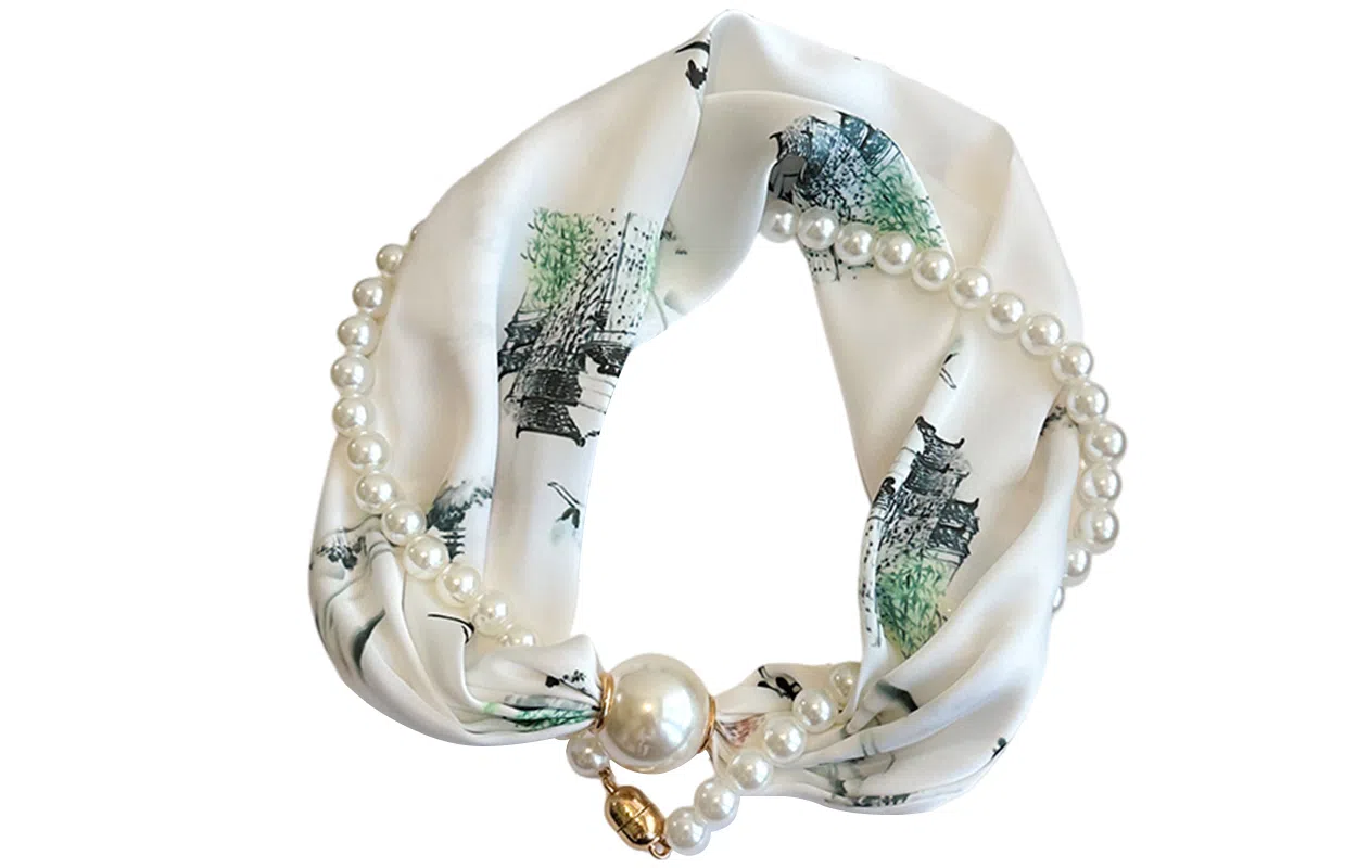 优幽兰 百搭高级感磁吸扣珍珠细窄小长条领巾护颈脖子懒人搭配衬衫薄款围巾礼盒装 丝巾 女款