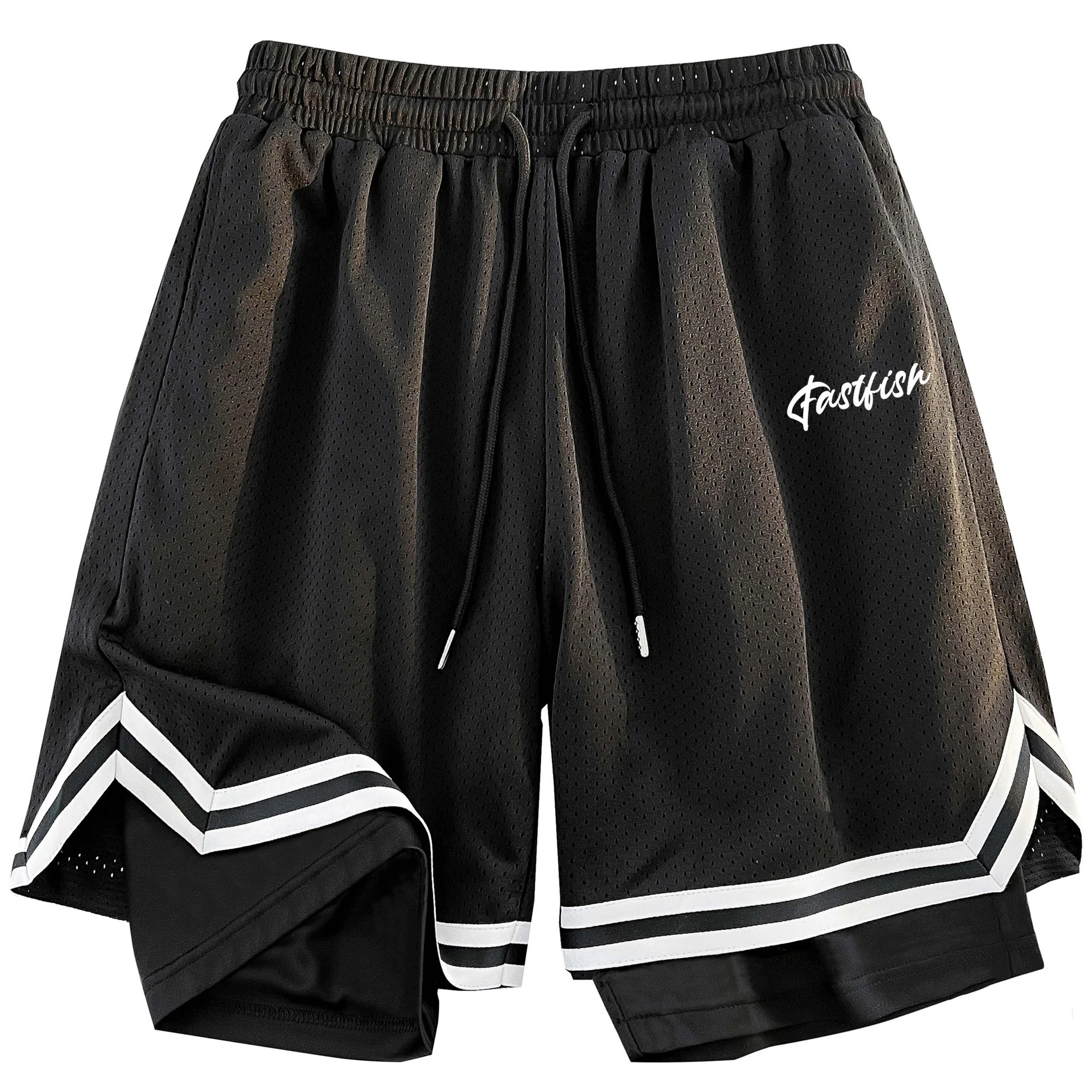 快鱼 美式复古简约基础学院风签名字体手绘印花宽松舒适百搭透气运动户外松紧中腰系带五分休闲短裤 男女同款