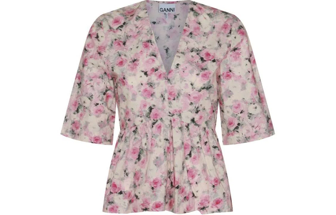 GANNI Printed Cotton V-Neck Peplum Blouse V
