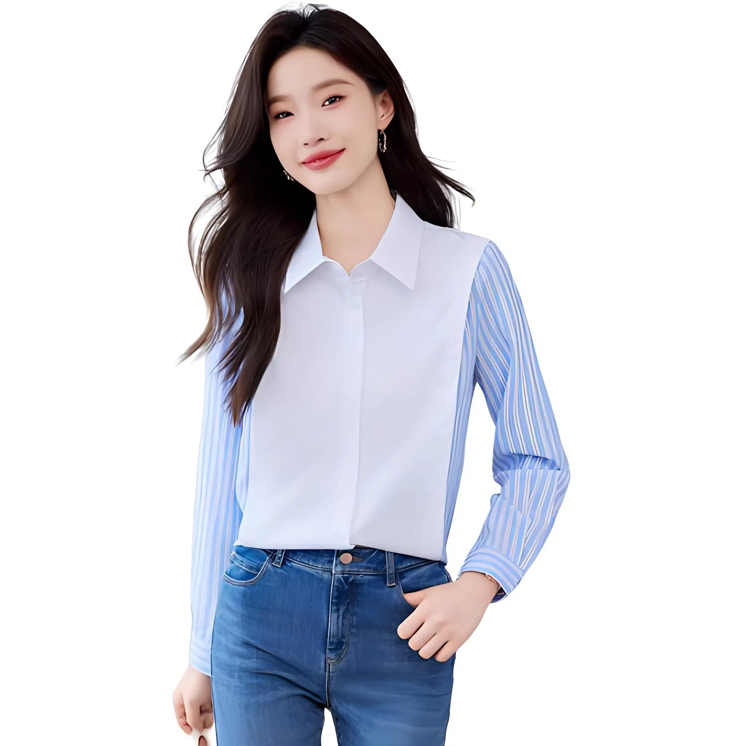 曲韩 条纹简约长袖衬衫 女款 图片色