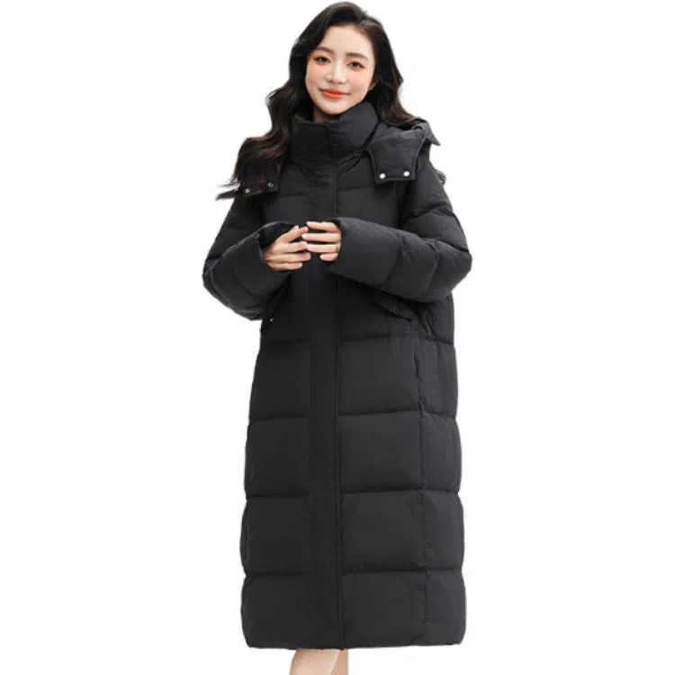 鸭鸭 长款连帽保暖长袖纯色羽绒服 女款