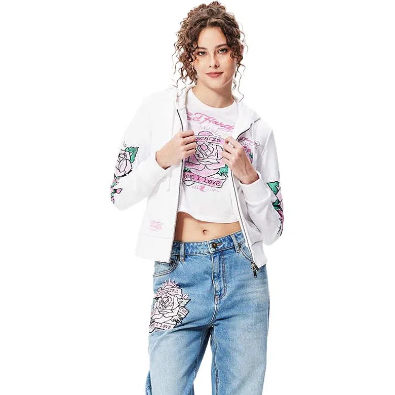 Ed Hardy FW24 Water Print Rhinestone Zip Hoodie White