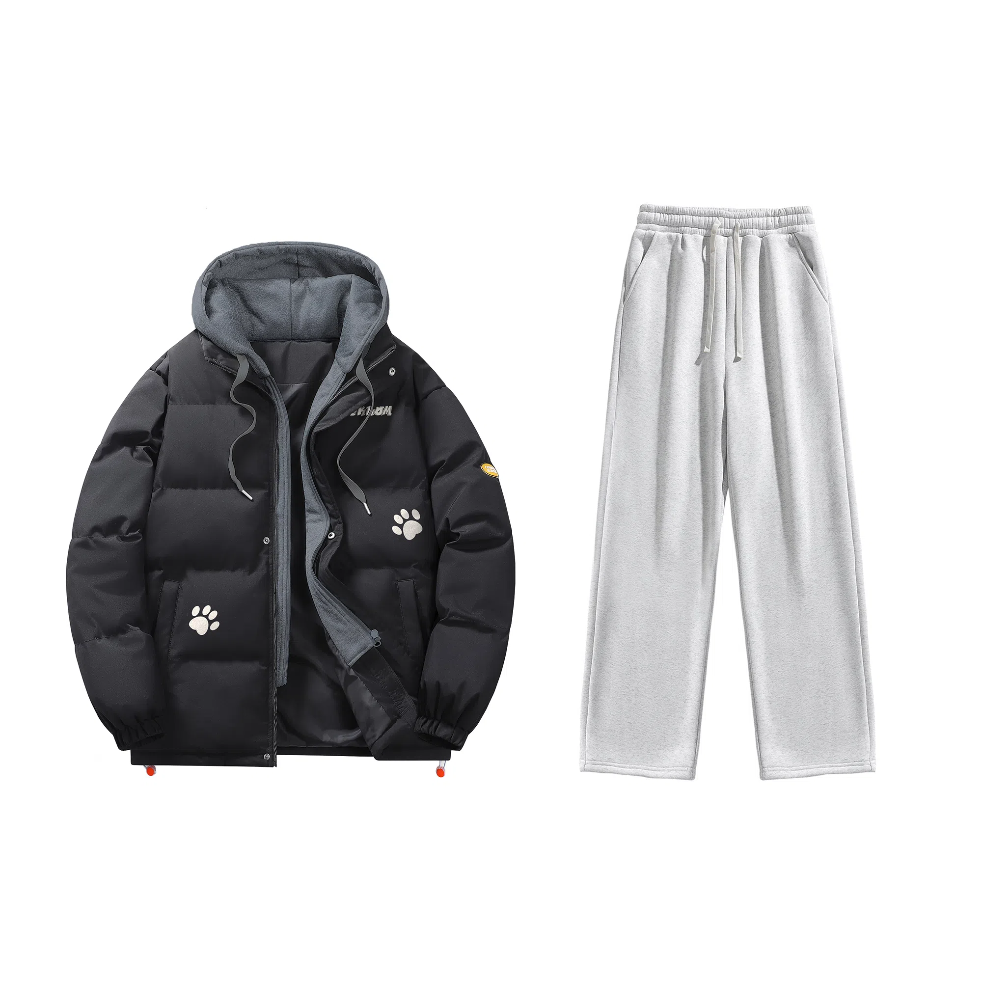 大卫贝肯 美式复古假两件趣味卡通爪印字母印花连帽保暖宽松纯色面包棉服垂感加绒加厚长裤休闲运动套装 男女同款