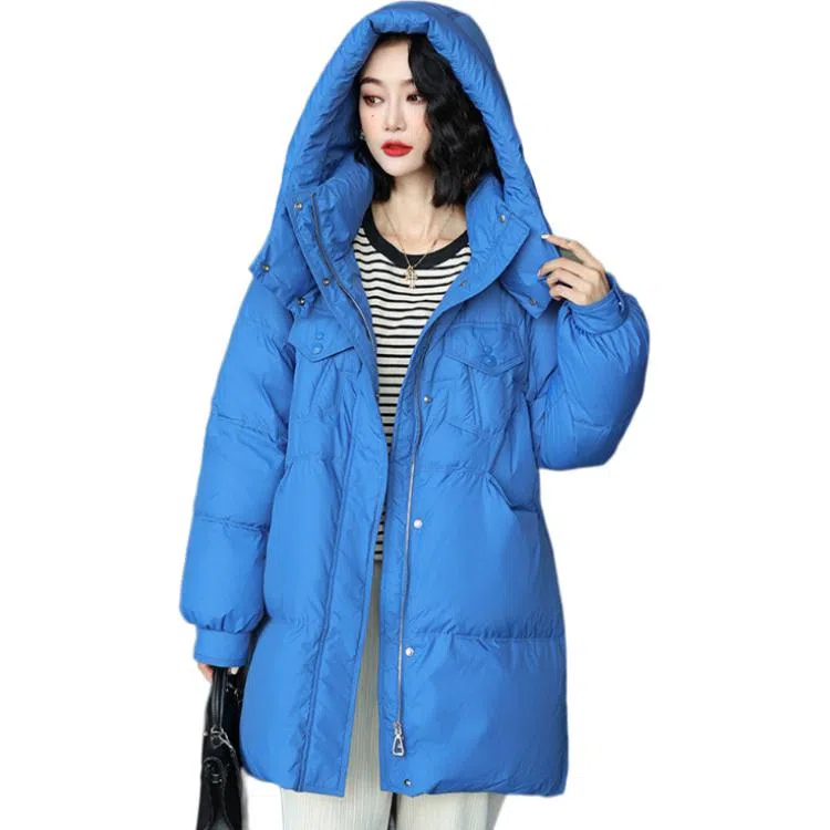 鸭鸭 保暖连帽中长款宽松长袖羽绒服 女款