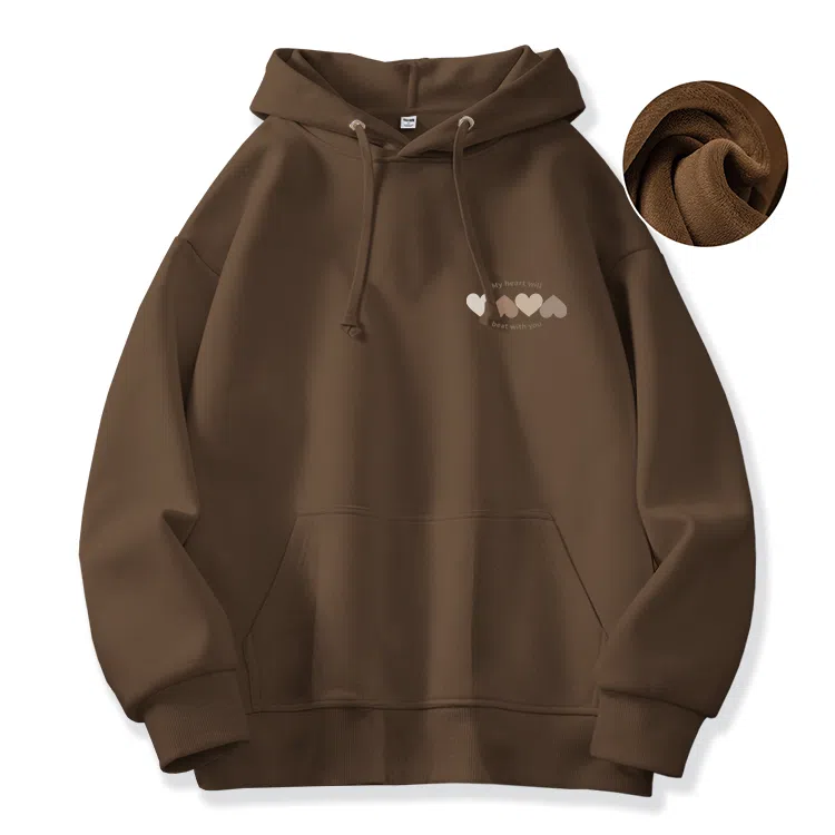 棉致 韩系简约为你跳动爱心宽松加绒舒适连帽重磅纯色百搭潮牌休闲落肩长袖卫衣 男女同款