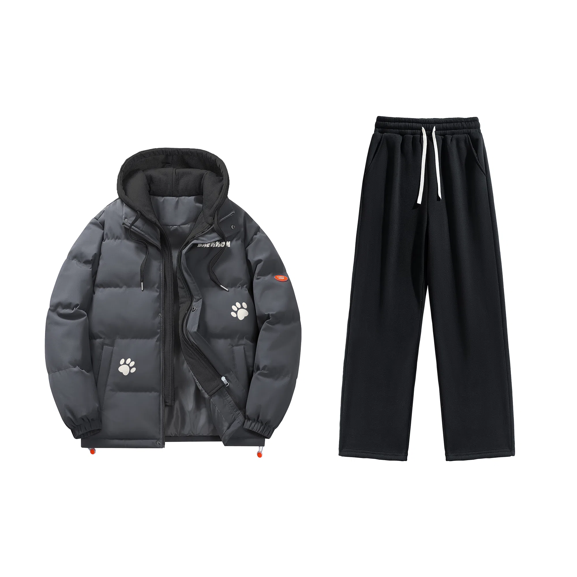 大卫贝肯 美式复古假两件趣味卡通爪印字母印花连帽保暖宽松纯色面包棉服垂感加绒加厚长裤休闲运动套装 男女同款