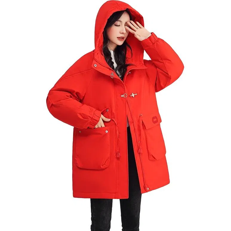 鸭鸭 中长款宽松连帽长袖羽绒服 女款