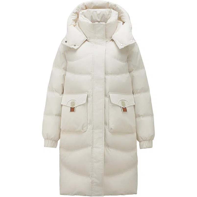 雅鹿 宽松纯色连帽中长款长袖羽绒服 女款