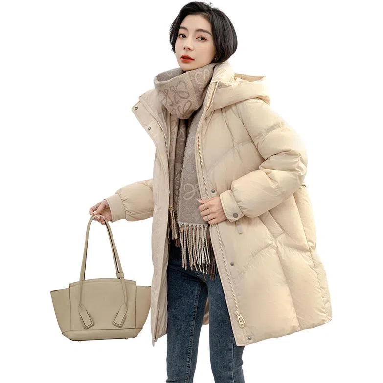 鸭鸭 简约纯色连帽拉链中长款长袖羽绒服 女款