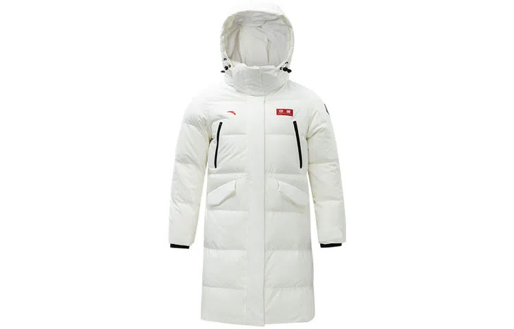 安踏 综训系列 字母贴标中长款连帽羽绒服 女款 白色