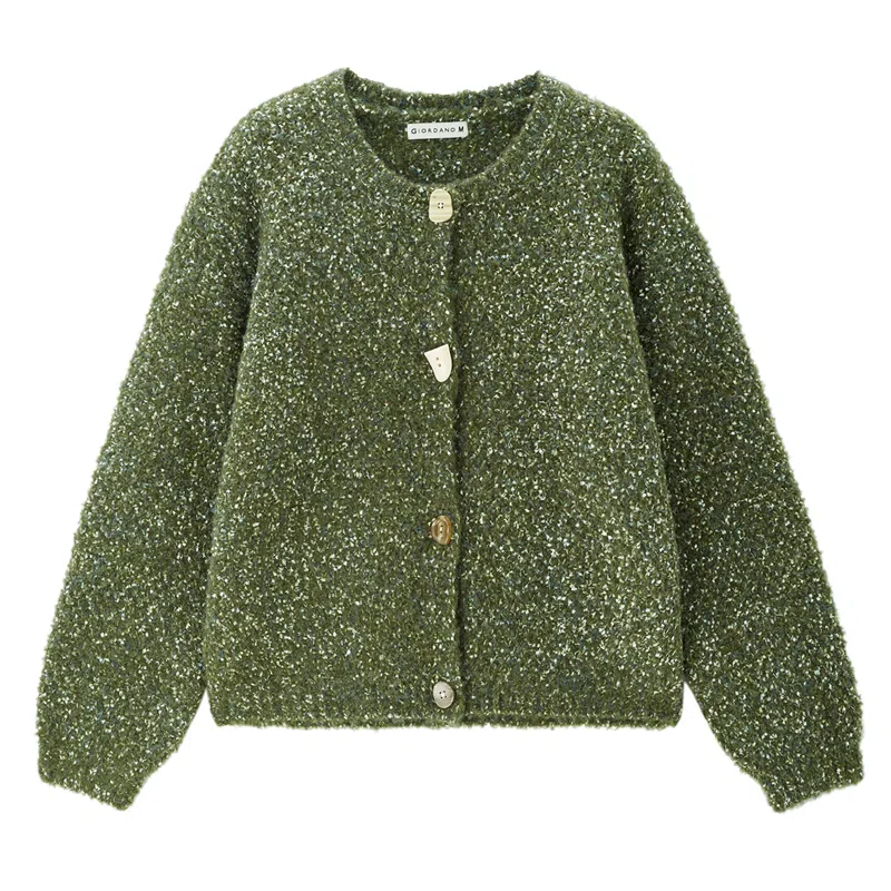 佐丹奴 厚实圈圈纱不规则纽扣开襟毛织长袖针织衫 女款 复古绿