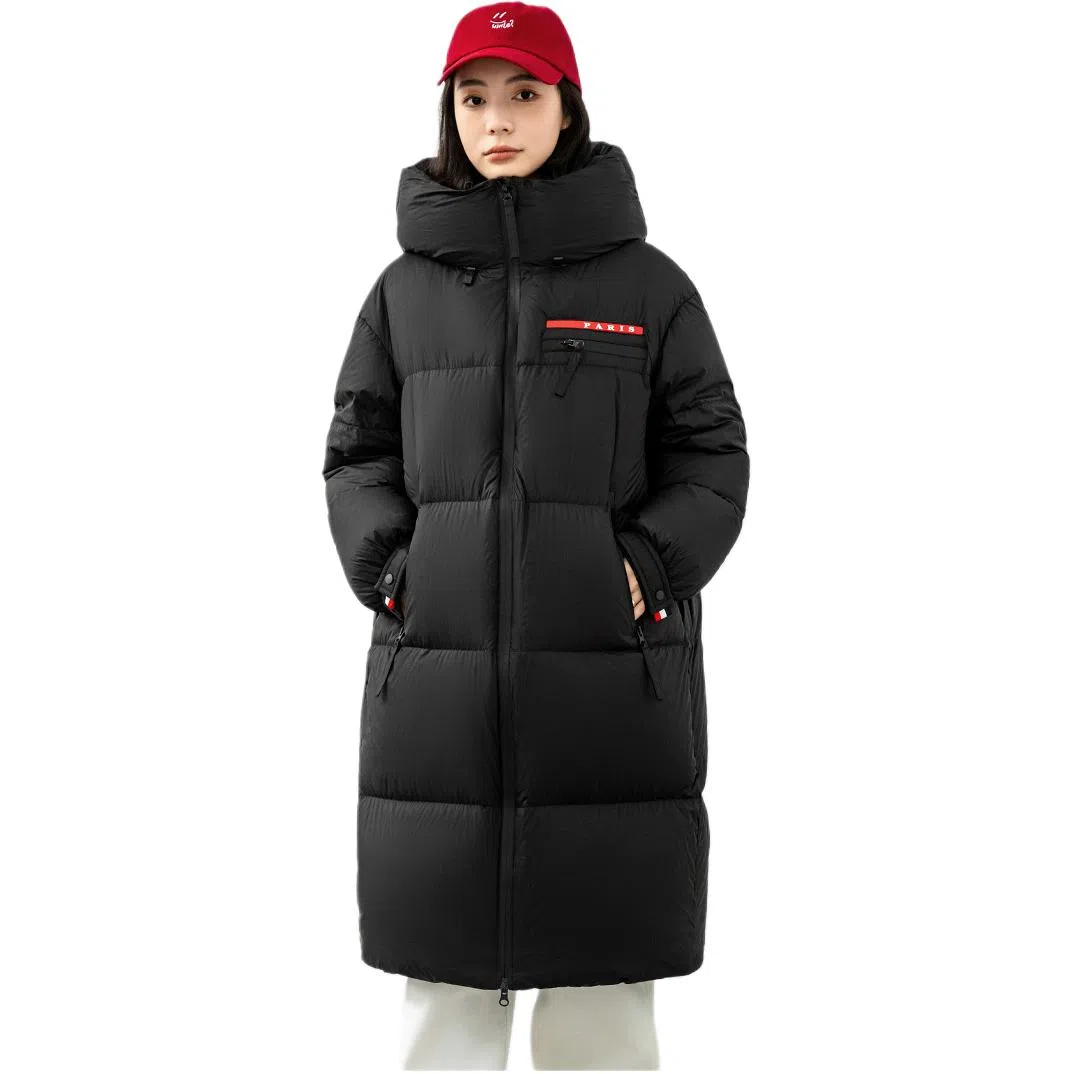 鸭鸭 纯色中长款加厚羽绒服 女款 黑色