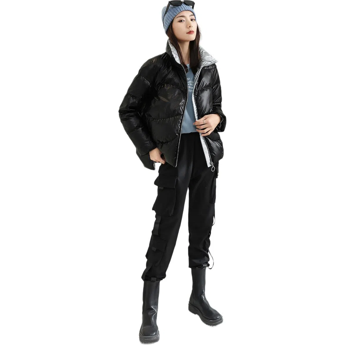 鸭鸭 免洗亮面时尚立领短款羽绒服 女款 黑色