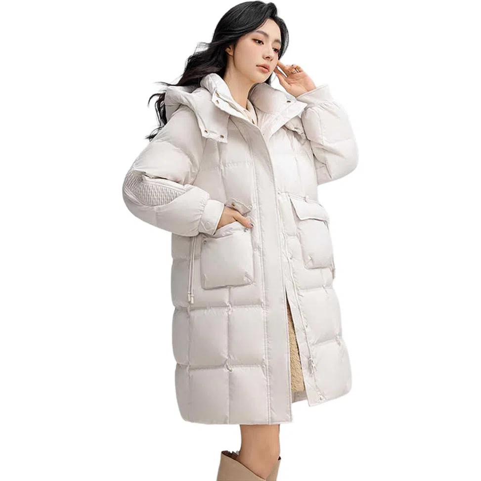 鸭鸭 纯色时尚百搭连帽中长款长袖羽绒服 女款