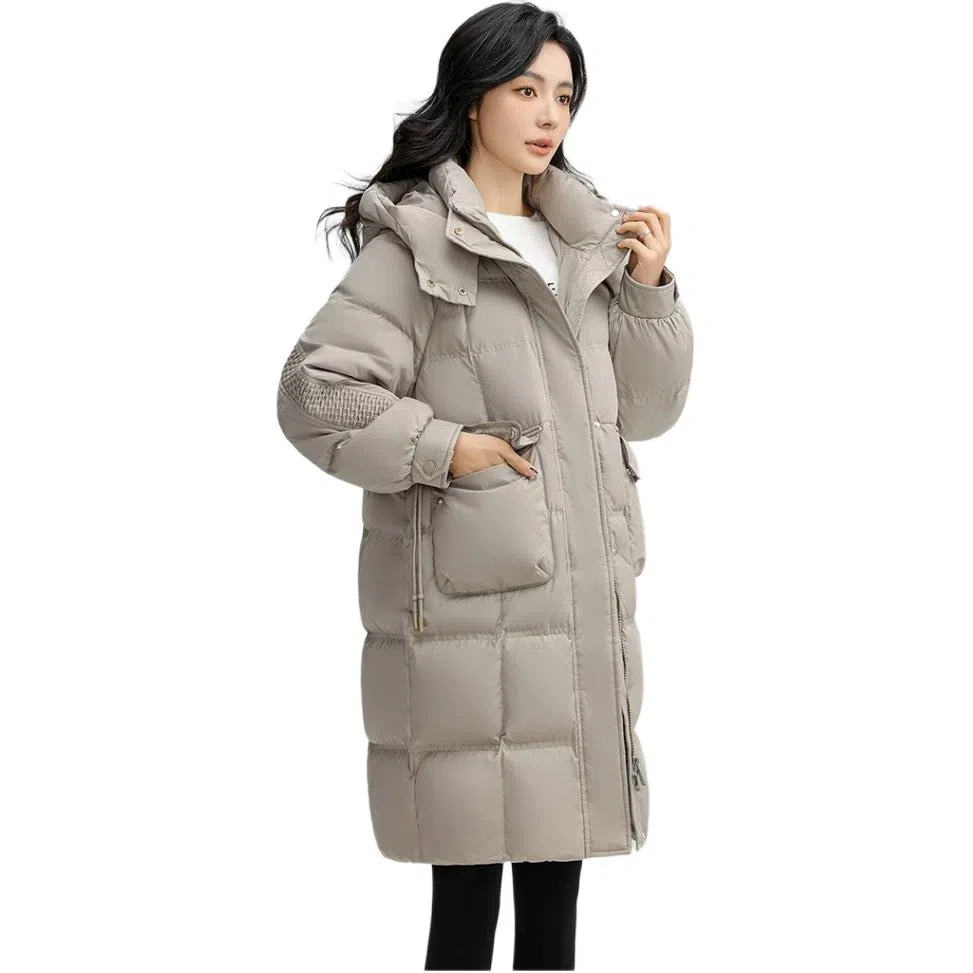 鸭鸭 纯色时尚百搭连帽中长款长袖羽绒服 女款