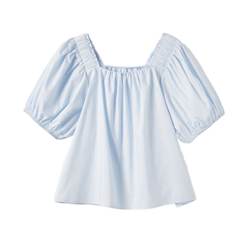 【dme】 休闲简约纯色方领短袖衬衫 女款 浅蓝