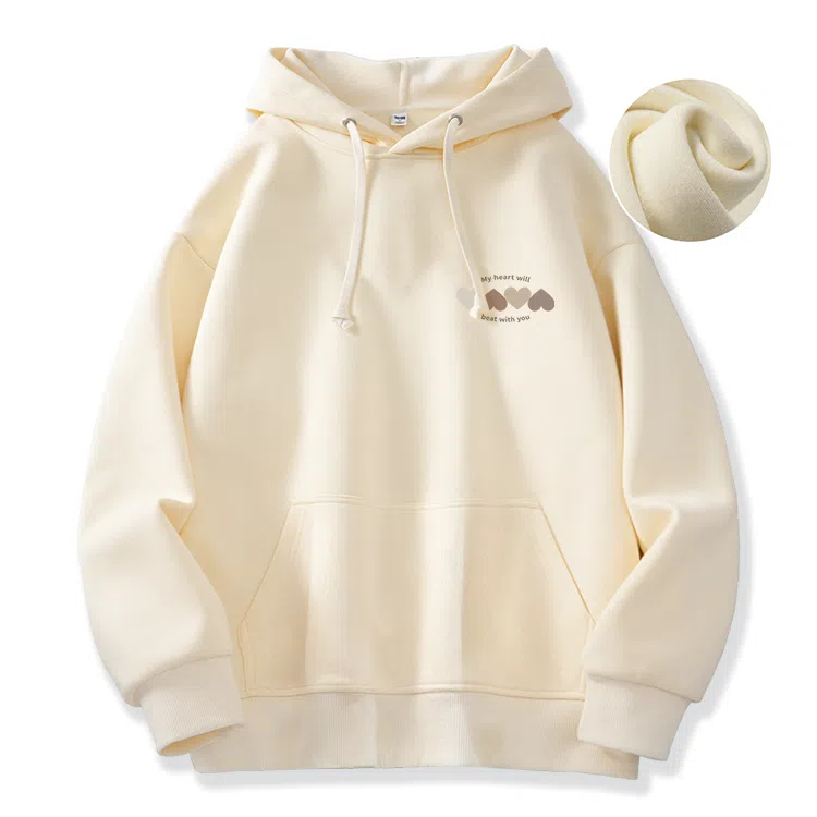 棉致 韩系简约为你跳动爱心宽松加绒舒适连帽重磅纯色百搭潮牌休闲落肩长袖卫衣 男女同款