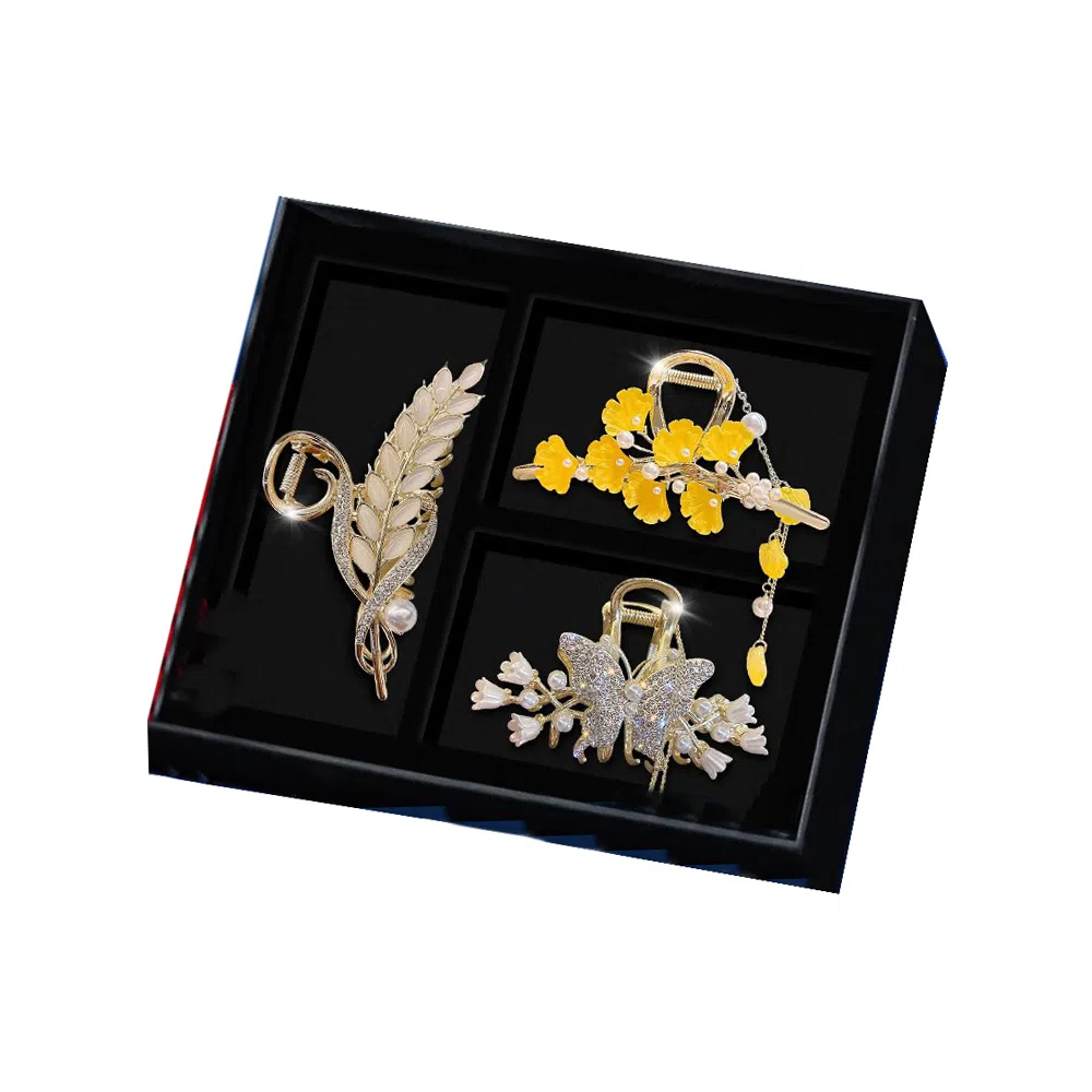 缔晶 森系请新时尚三生有杏流苏鲨鱼套装 甜美浪漫日常通勤造型感盘发 合金 发夹 女款