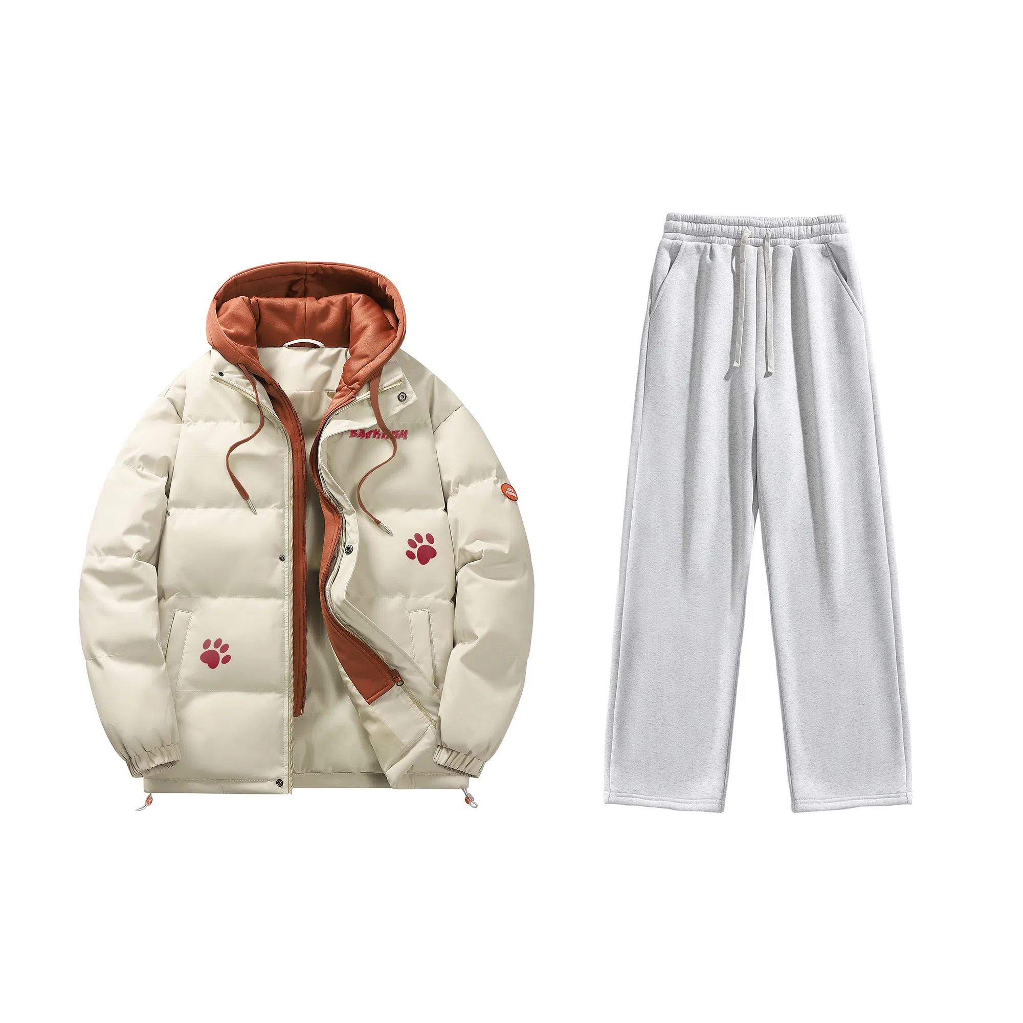 大卫贝肯 美式复古假两件趣味卡通爪印字母印花连帽保暖宽松纯色面包棉服垂感加绒加厚长裤休闲运动套装 男女同款