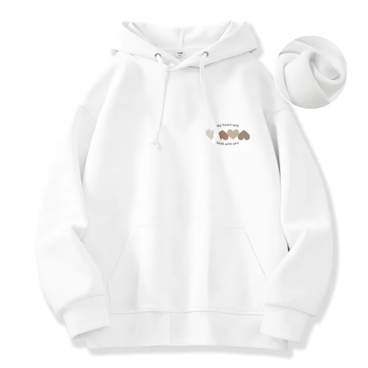 棉致 韩系简约为你跳动爱心宽松加绒舒适连帽重磅纯色百搭潮牌休闲落肩长袖卫衣 男女同款