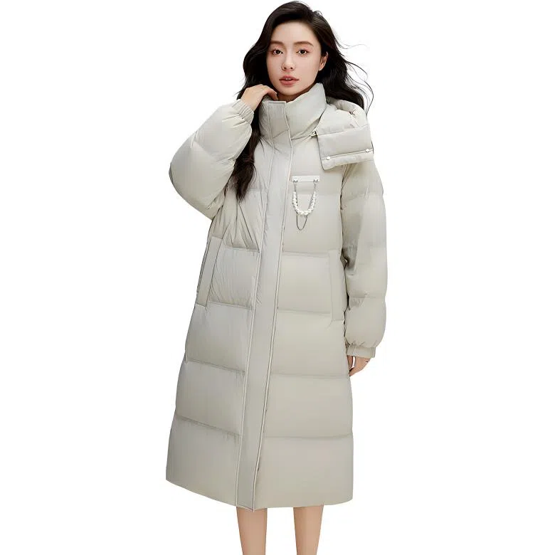 鸭鸭 休闲口袋拉链连帽加厚中长纯色长袖羽绒服 女款