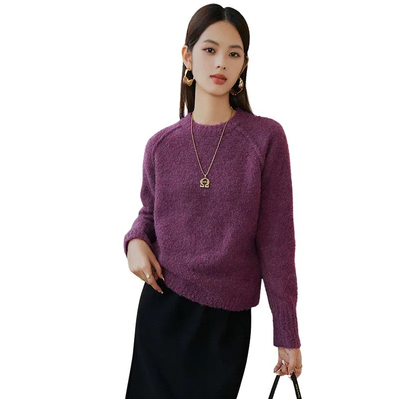 晚白 绵羊毛软糯不扎肤高弹力针织衫 女款 紫色