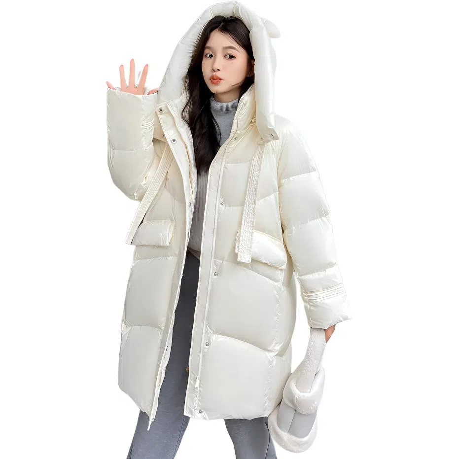 鸭鸭 拉链加厚中长款长袖纯色羽绒服 女款