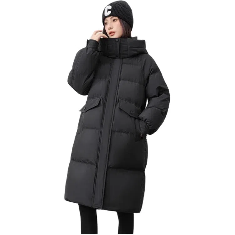 鸭鸭 纯色连帽简约加厚中长款羽绒服 女款
