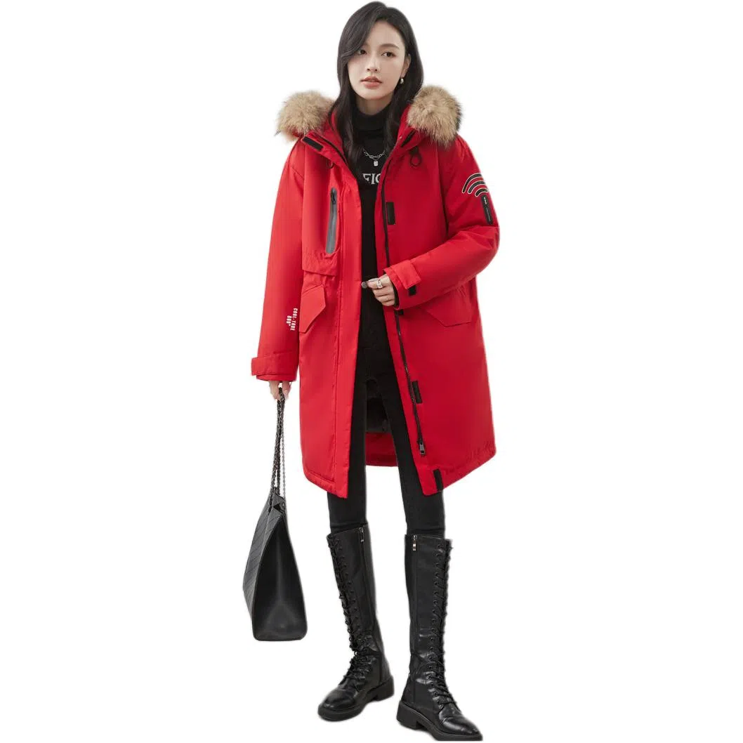 鸭鸭 纯色连帽宽松拉链中长款长袖羽绒服 女款