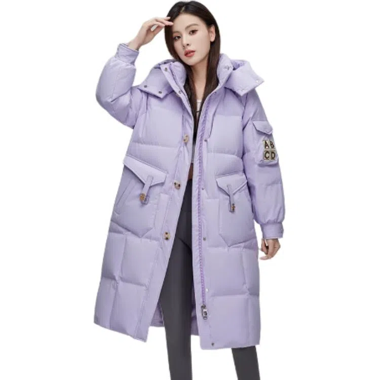 鸭鸭 字母刺绣中长款简约连帽拉链舒适长袖羽绒服 女款