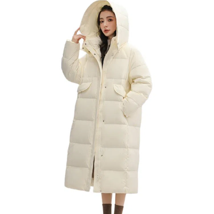 鸭鸭 长款连帽保暖长袖纯色羽绒服 女款