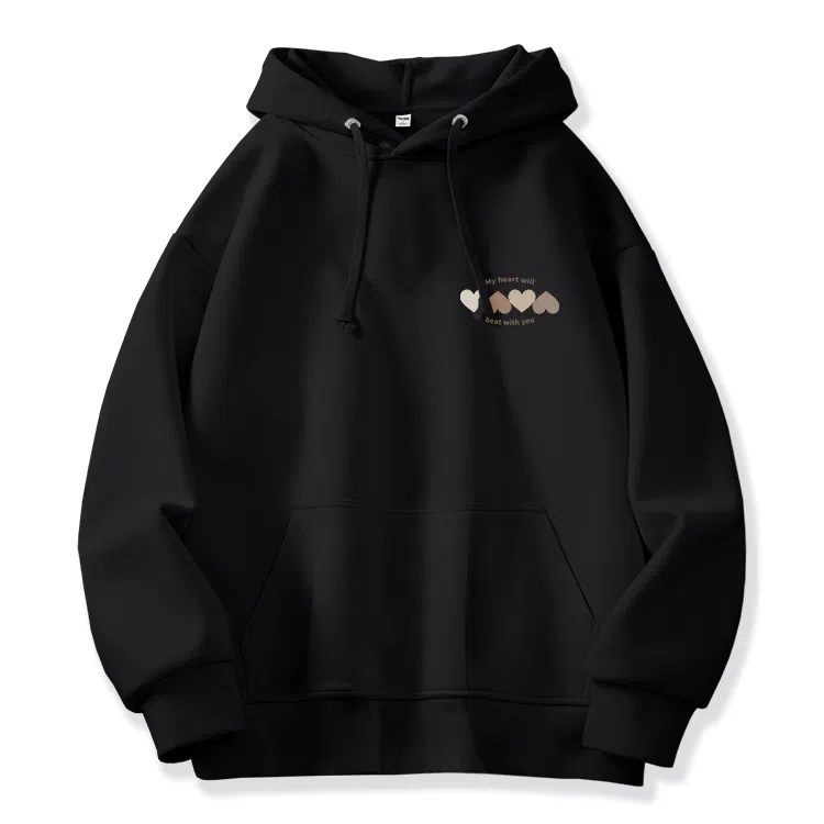 棉致 韩系简约为你跳动爱心宽松加绒舒适连帽重磅纯色百搭潮牌休闲落肩长袖卫衣 男女同款