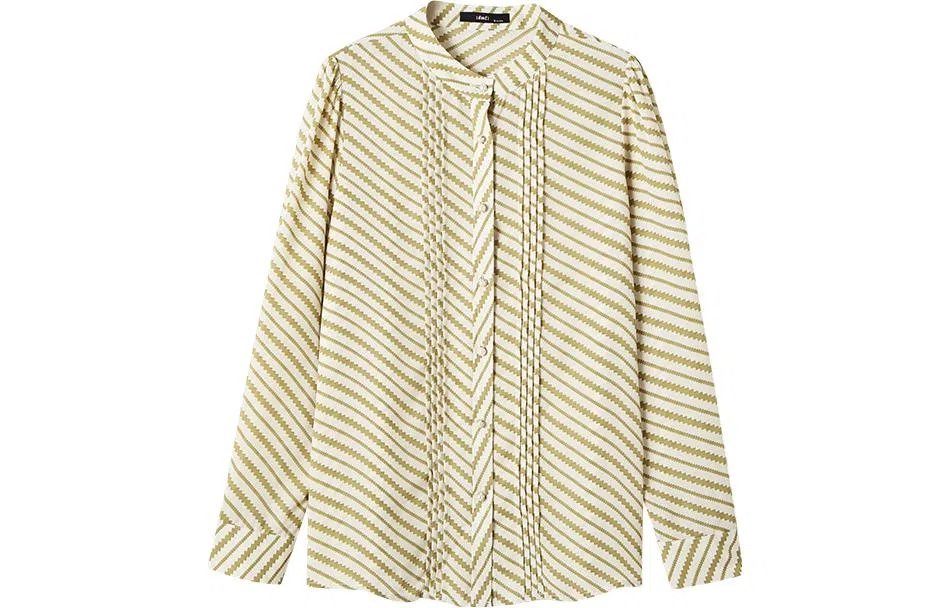 【dme】 条纹立领单排纽扣休闲直筒泡泡长袖衬衫 女款 芥末黄