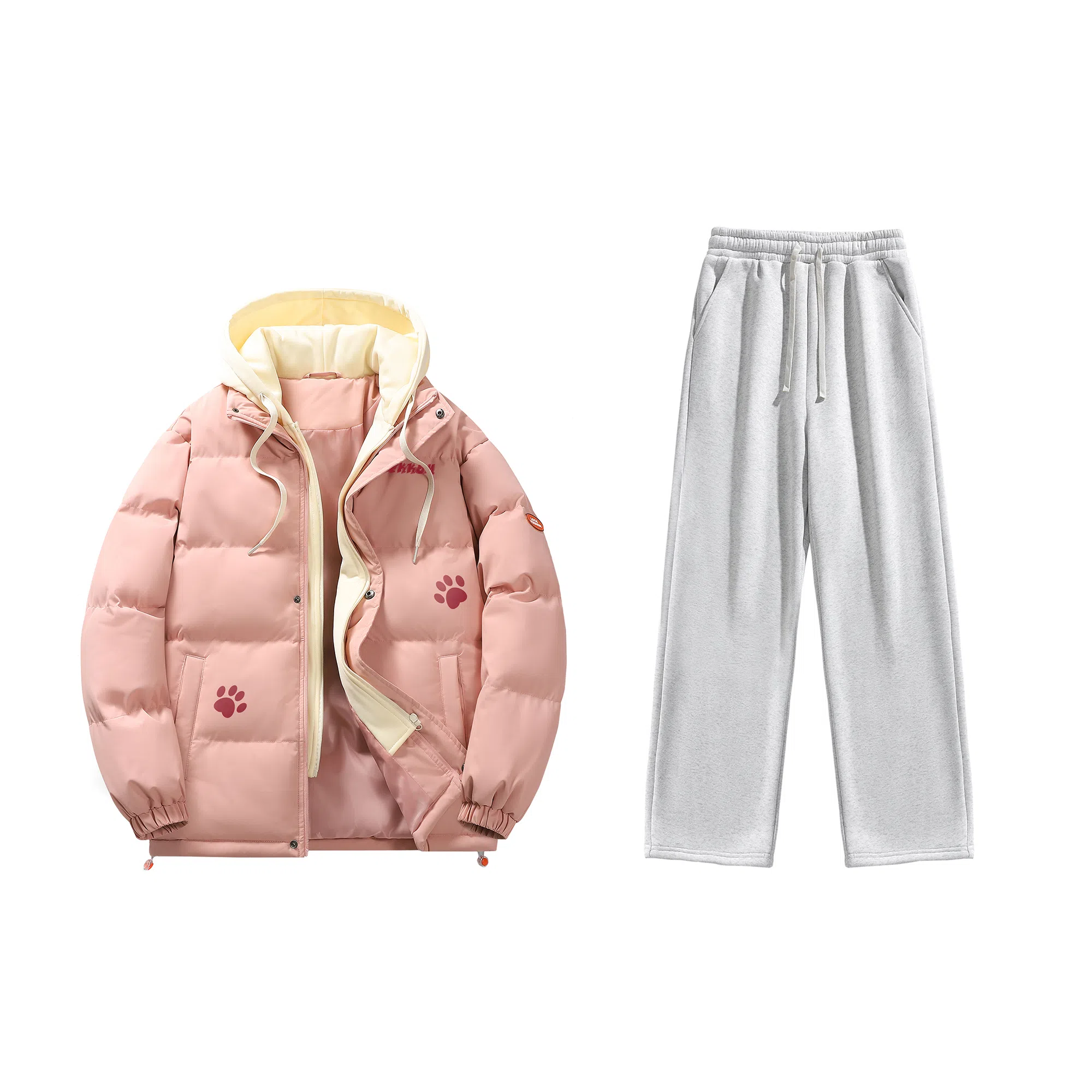 大卫贝肯 美式复古假两件趣味卡通爪印字母印花连帽保暖宽松纯色面包棉服垂感加绒加厚长裤休闲运动套装 男女同款