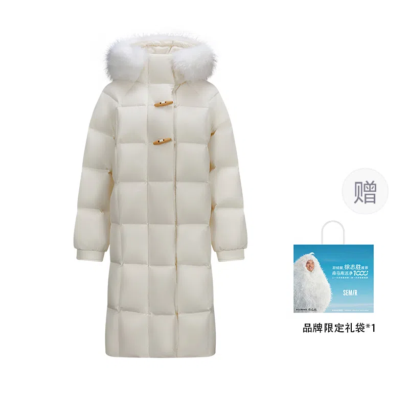 森马 纯色长款毛领连帽宽松羽绒服 女款