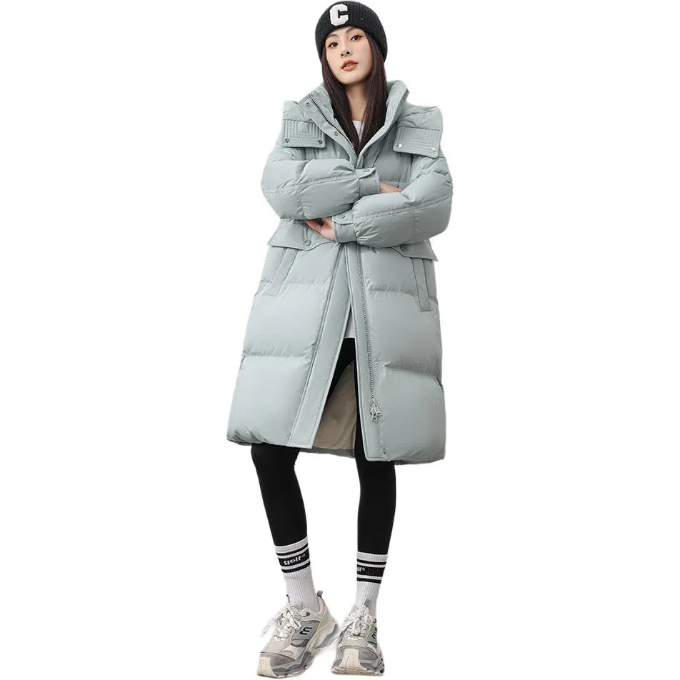 鸭鸭 纯色连帽简约加厚中长款羽绒服 女款