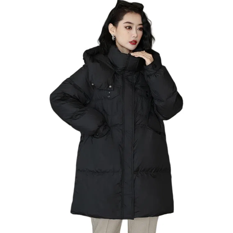 鸭鸭 保暖连帽中长款宽松长袖羽绒服 女款