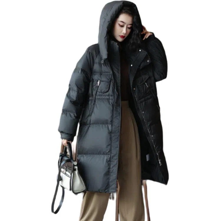 鸭鸭 纯色宽松连帽保暖长款长袖羽绒服 女款