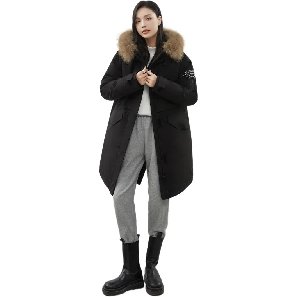 鸭鸭 纯色连帽宽松拉链中长款长袖羽绒服 女款