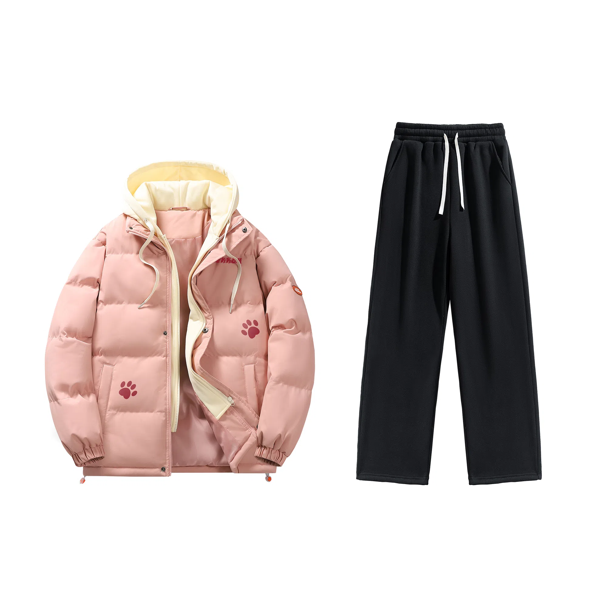 大卫贝肯 美式复古假两件趣味卡通爪印字母印花连帽保暖宽松纯色面包棉服垂感加绒加厚长裤休闲运动套装 男女同款