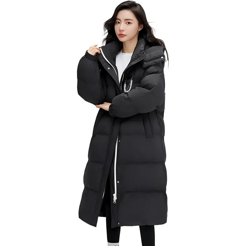 鸭鸭 休闲口袋拉链连帽加厚中长纯色长袖羽绒服 女款