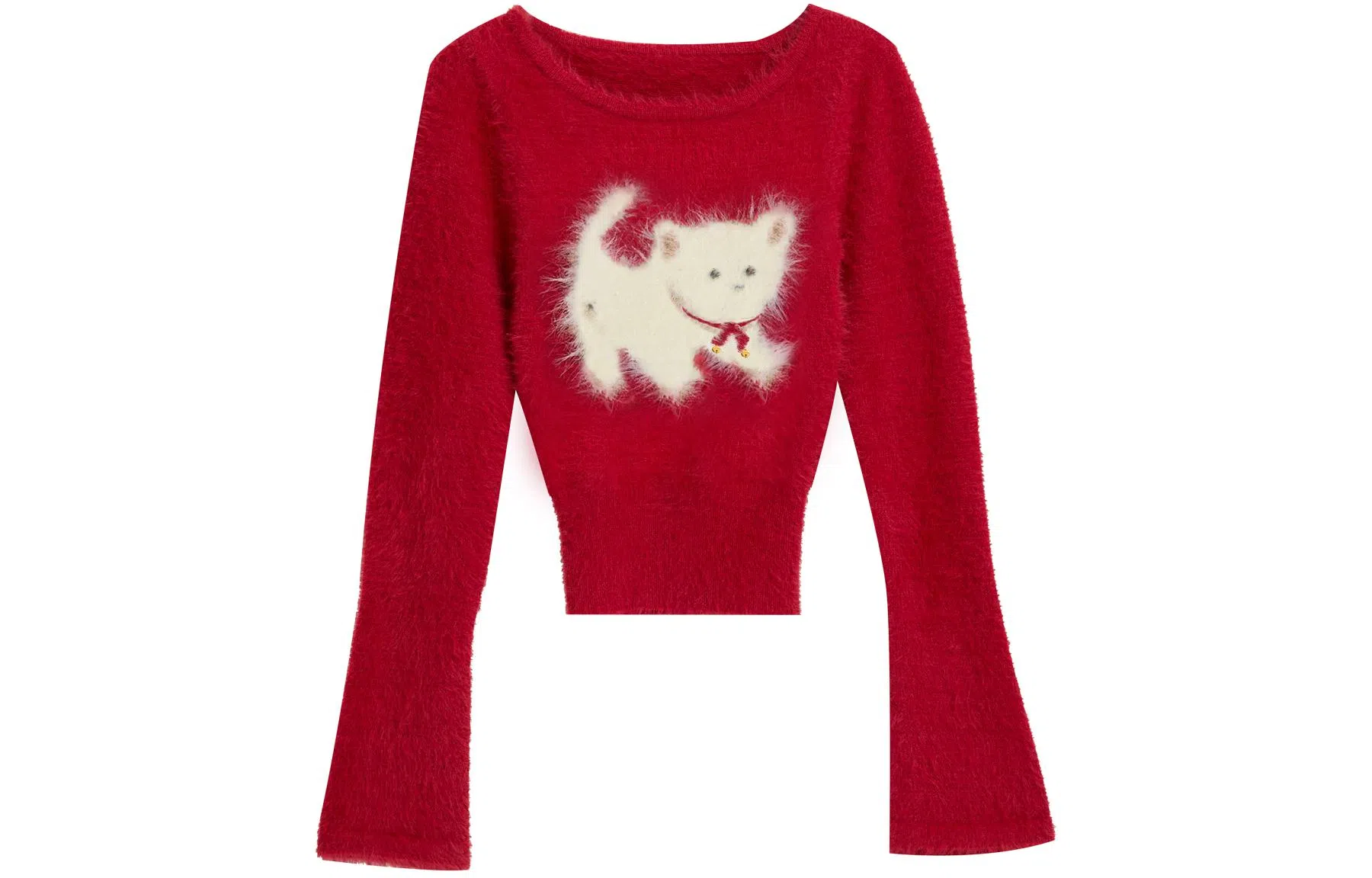 柏黛妃 卡通提花圆领长袖修身针织衫 女款 红色