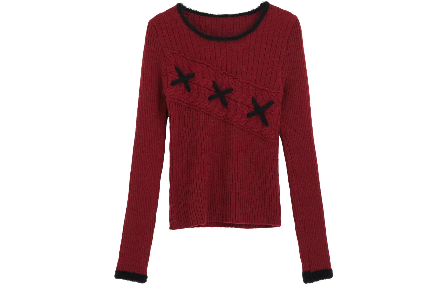 柏黛妃 圆领修身拼色套头针织衫 女款 红色