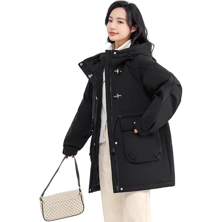 鸭鸭 中长款宽松连帽长袖羽绒服 女款