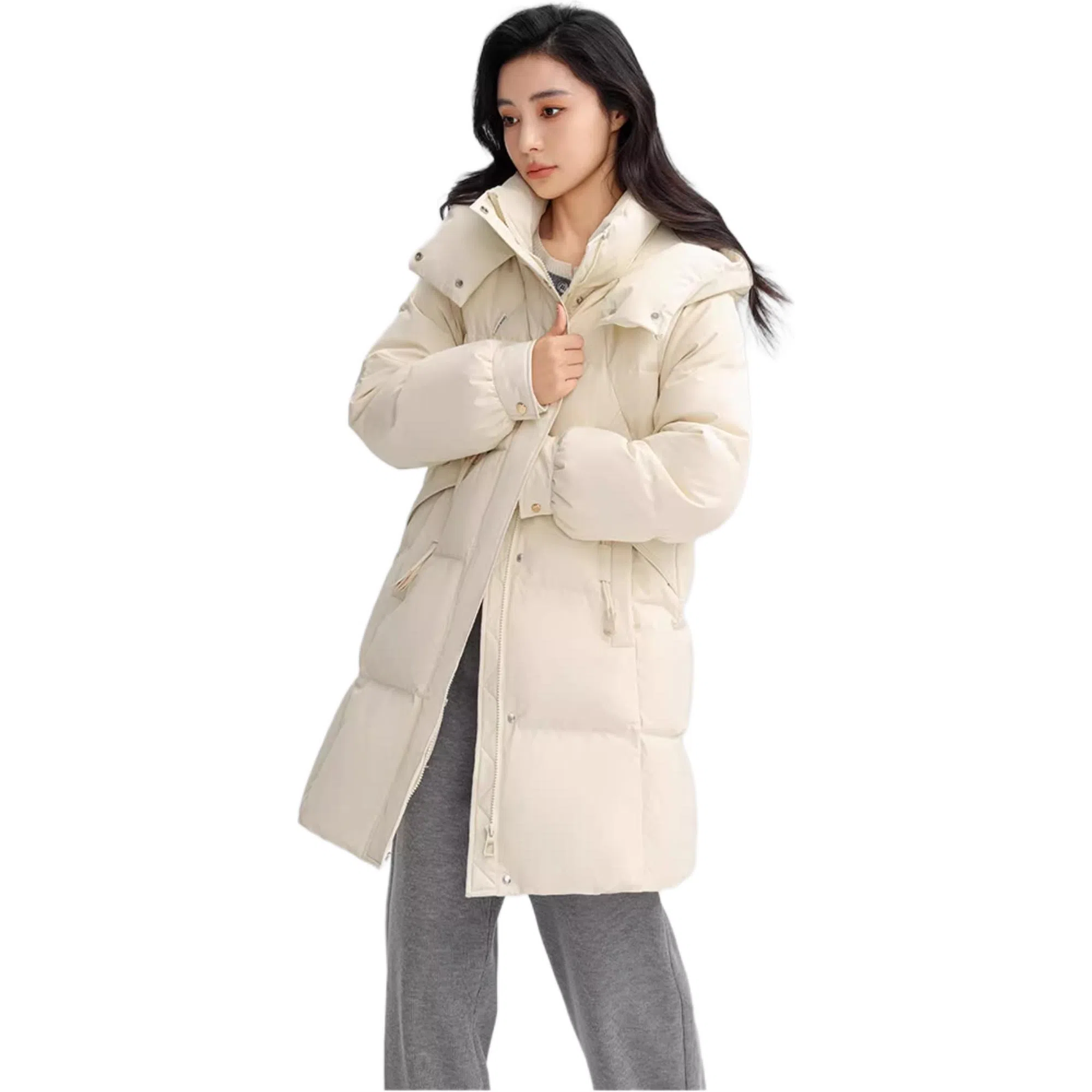 鸭鸭 纯色直筒拉链中长款长袖羽绒服 女款